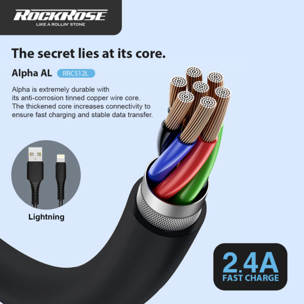 Rockrose Alpha AL 1M Lightning to USB Fast Charge - Black